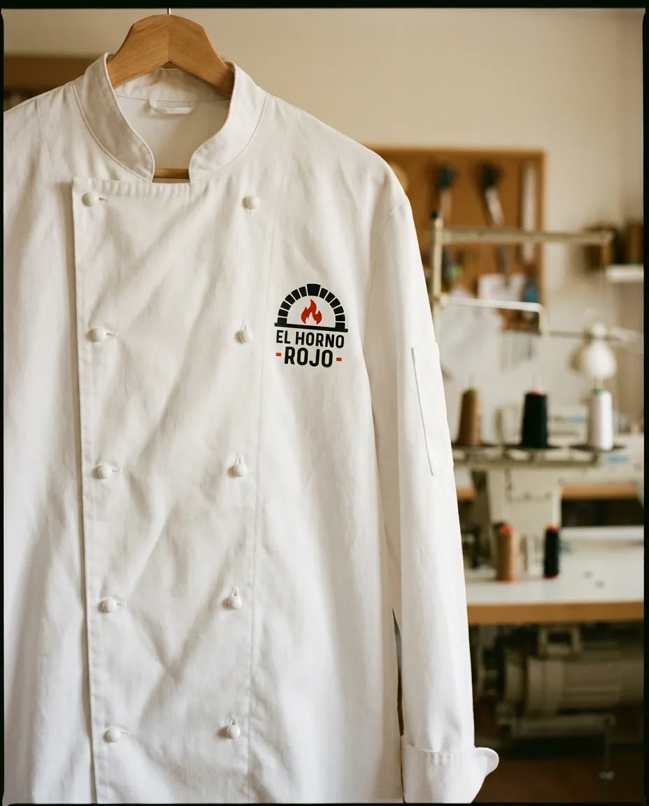 Chaqueta de cocinero blanca con logo de restaurante DTF bien posicionado en pecho izquierdo
