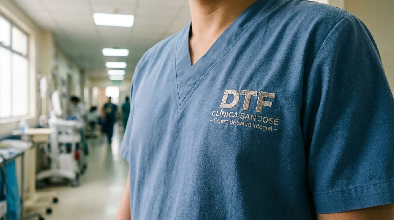 Personal sanitario con casaca personalizada DTF en ambiente de clínica, sin cara visible
