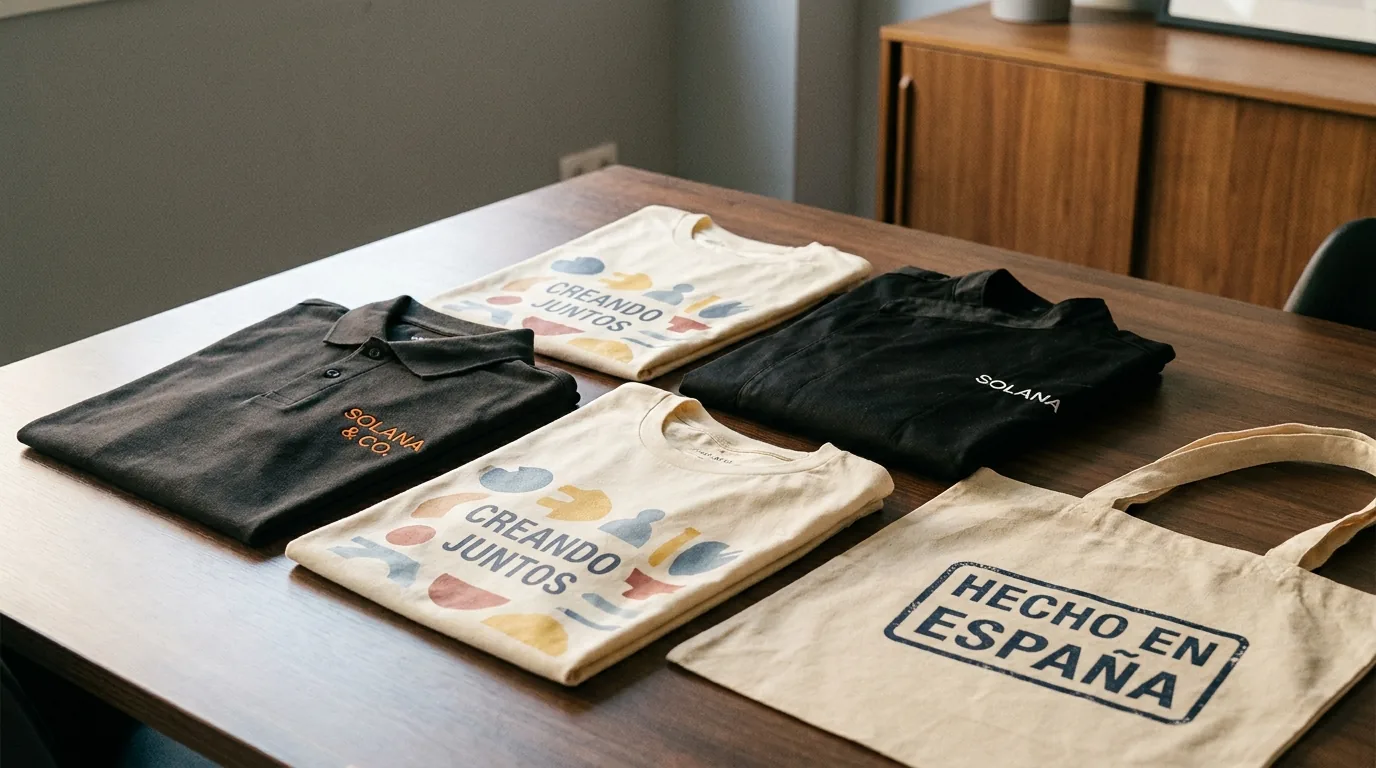 Ropa personalizada para empresa: polo con bordado corporativo, camiseta con logo DTF y welcome pack sobre mesa de reunión
