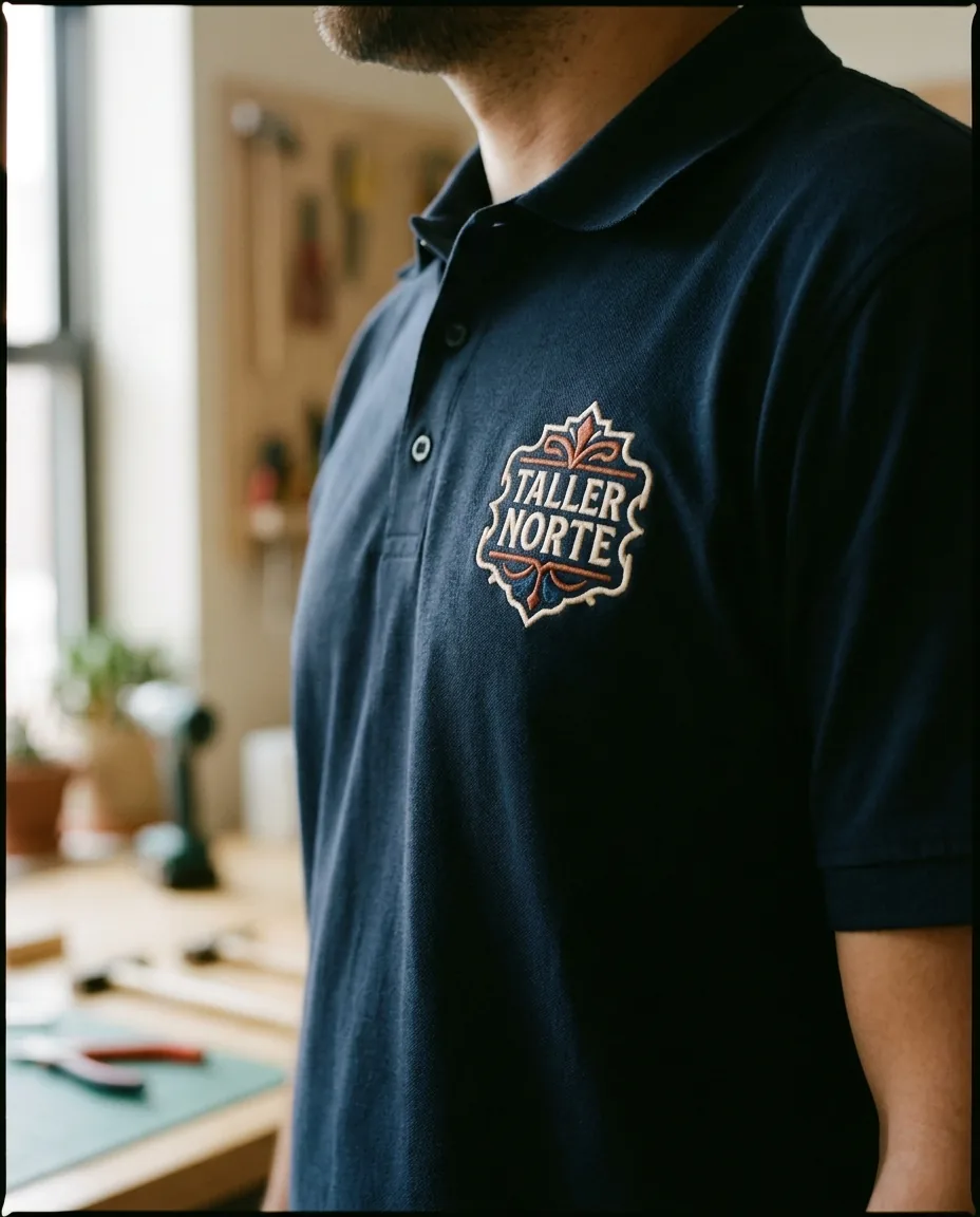 Ropa personalizada para empresa: 4 paquetes para tu equipo (guía 2026) 2 Empleado de oficina con polo bordado corporativo — detalle logo empresa en pecho izquierdo