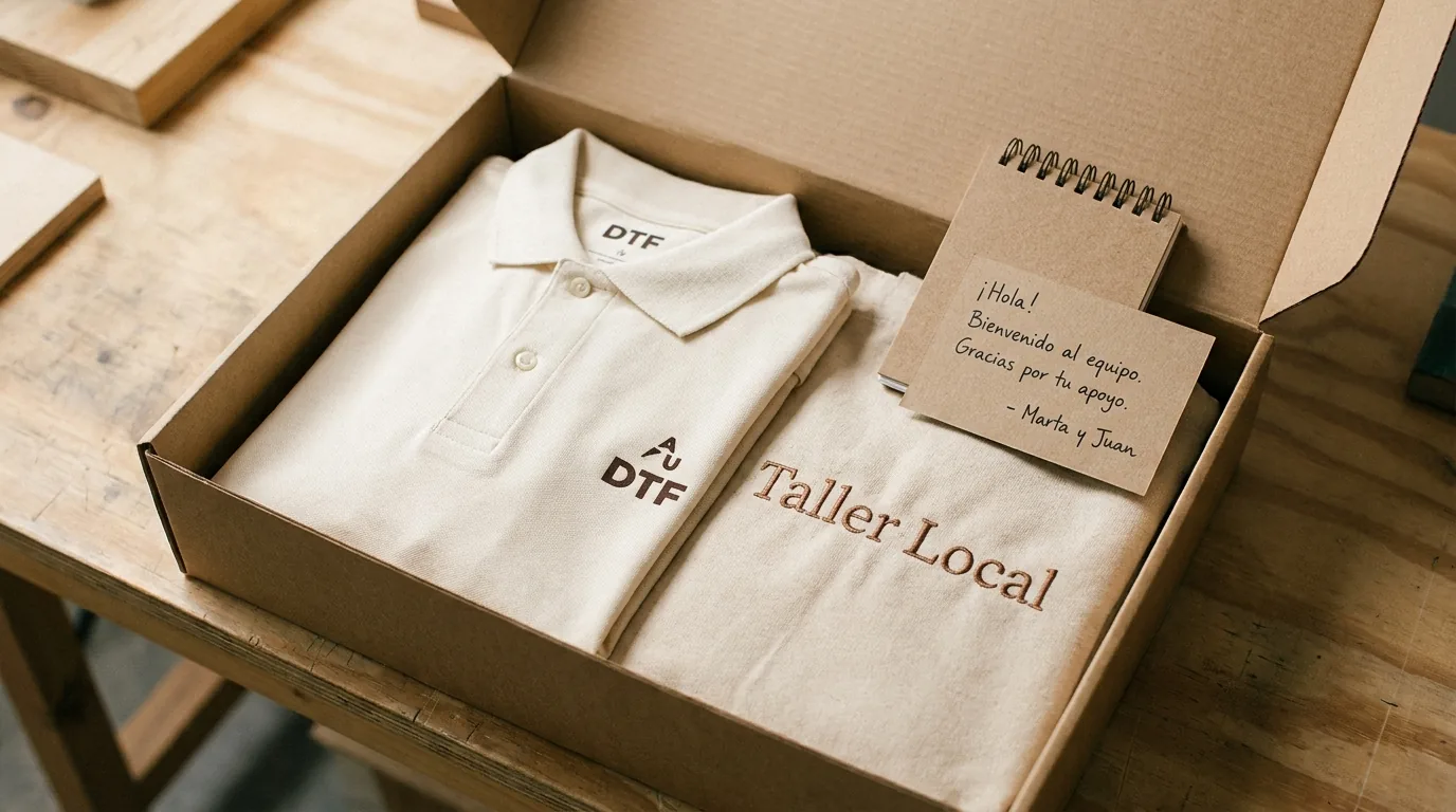 Ropa personalizada para empresa: 4 paquetes para tu equipo (guía 2026) 3 Welcome pack empresa desempaquetado: camiseta con logo, bolsa de tela y tarjeta de bienvenida firmada