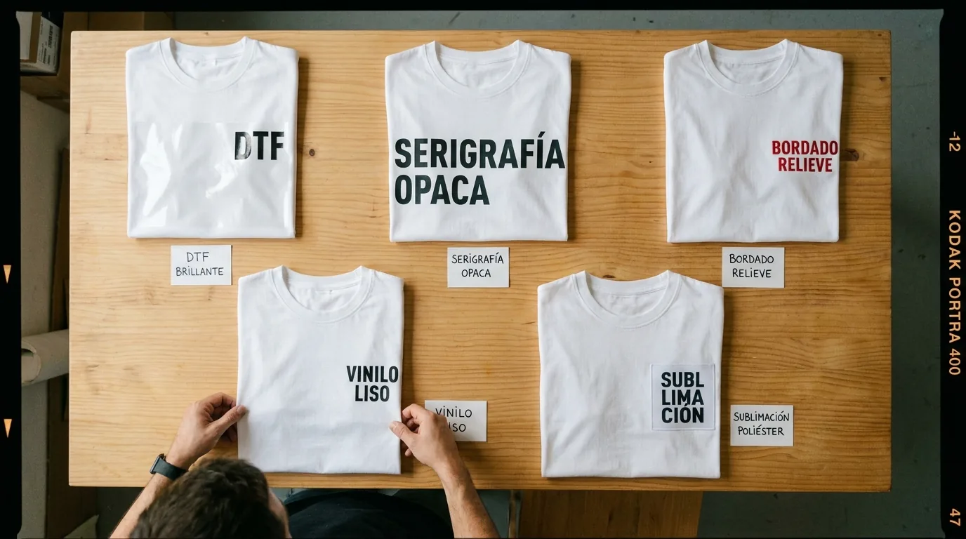 Comparativa técnicas estampación textil: muestras DTF, serigrafía, bordado, sublimación y vinilo sobre camisetas en taller Impressionante Cáceres