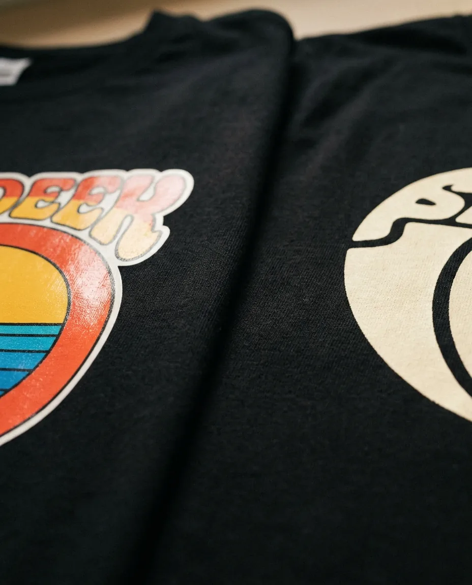 Comparativa macro DTF vs serigrafía aplicados en la misma camiseta: diferencias de tacto y acabado visibles