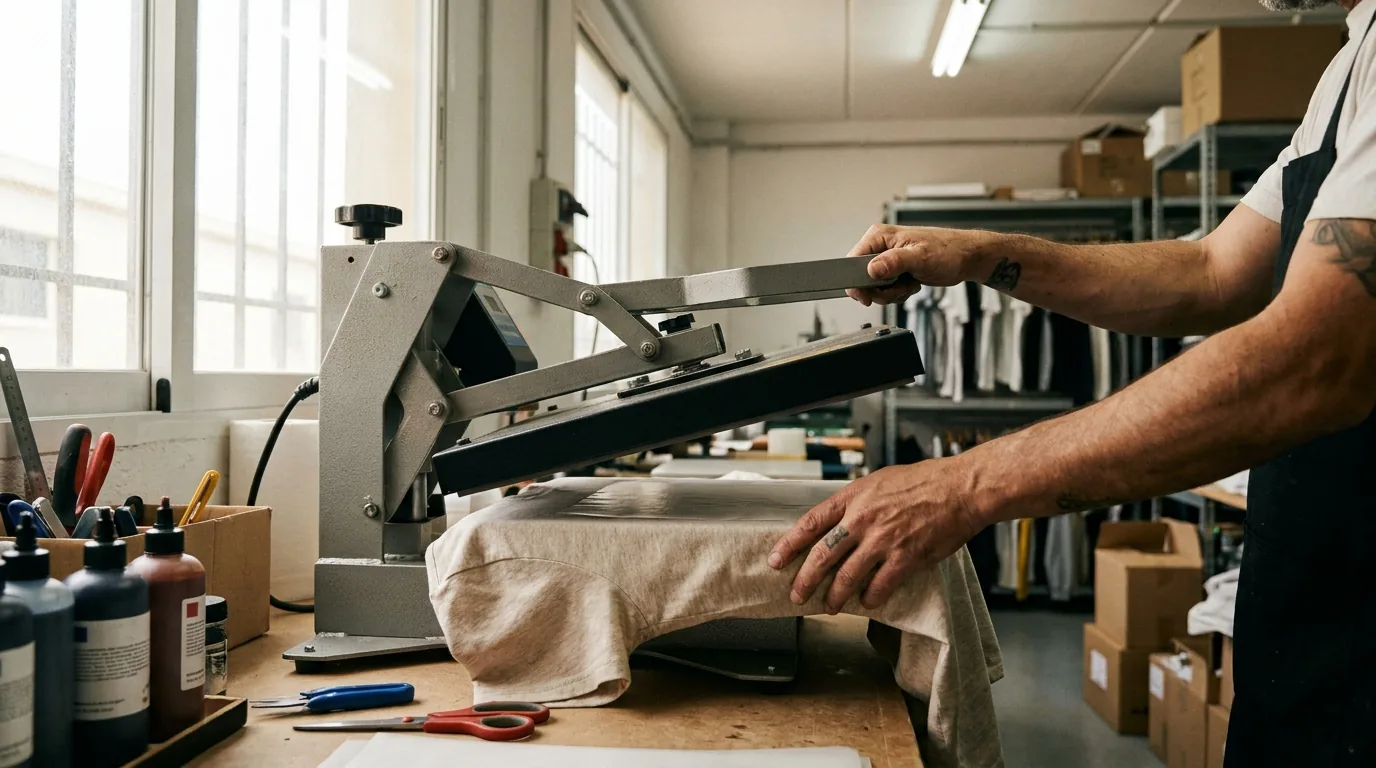Operario de taller Impressionante Cáceres aplicando DTF con prensa térmica — proceso real de estampación