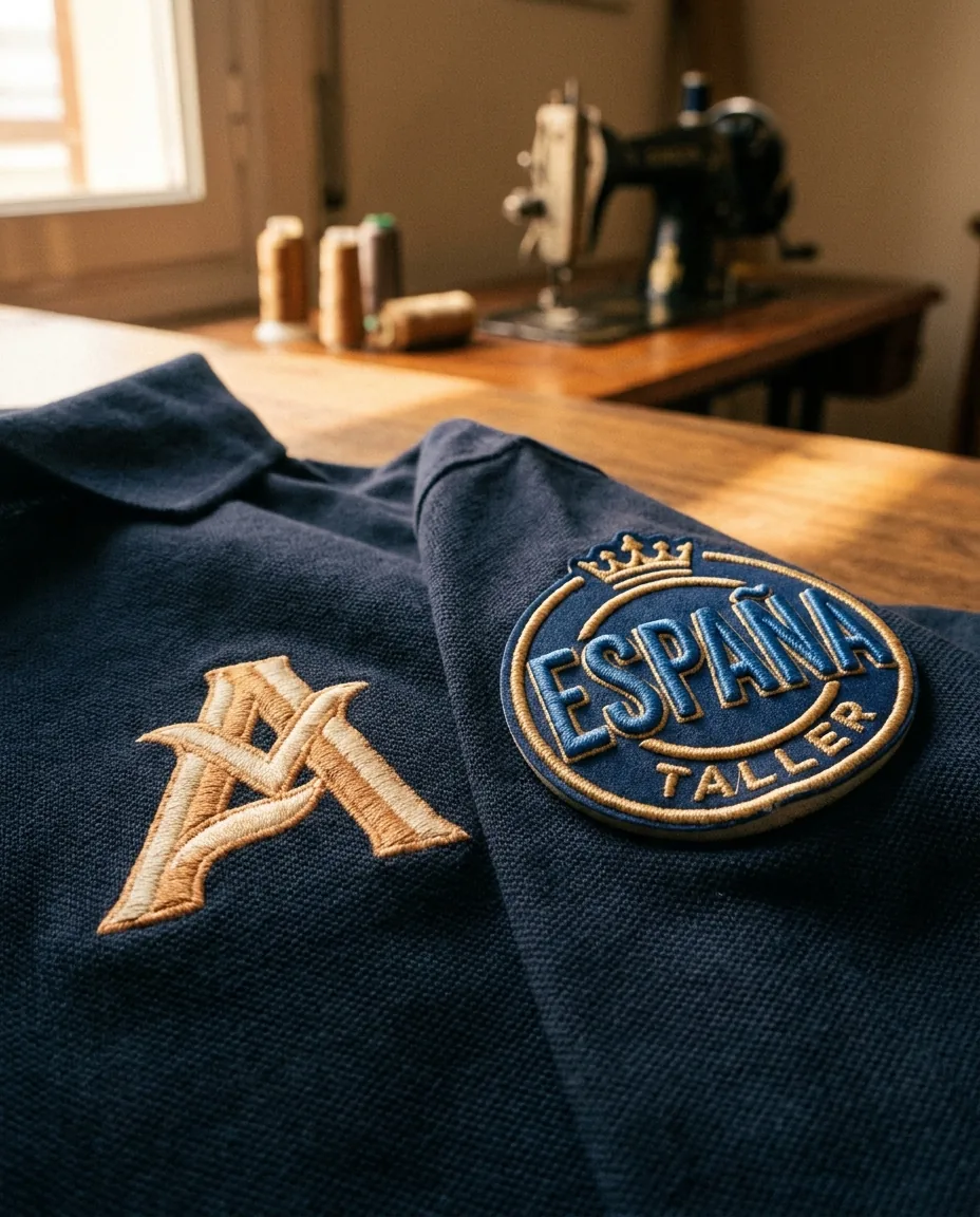 Detalle de bordado plano y bordado 3D foam en polo negro — acabado premium corporativo taller Cáceres