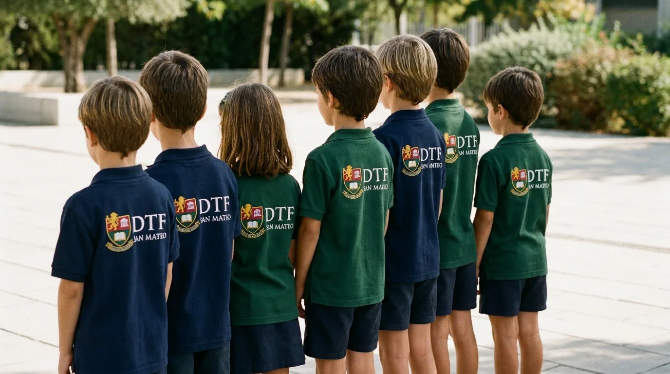 Fila de alumnos en patio escolar vistos de espaldas, con polo de colegio de color azul marino y escudo del centro en pecho izquierdo, primavera