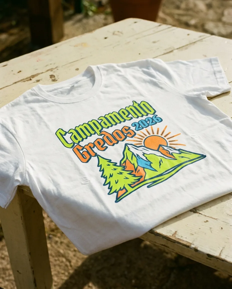 Camiseta campamento verano con diseño edición Campamento Gredos 2026 en color verde lima sobre fondo blanco