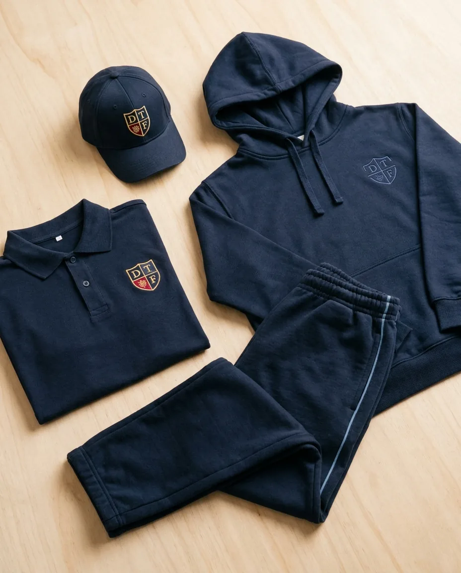 Flatlay uniforme escolar completo con polo, sudadera capucha, chándal y gorra con logo de colegio coordinado