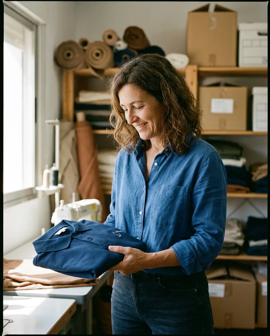 Propietaria de pequeña empresa española sosteniendo un polo personalizado con bordado discreto del logo de su negocio