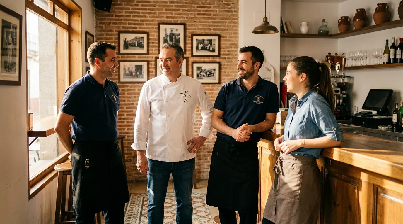 Equipo de hostelería con uniformes corporativos coordinados (chaqueta, polo y delantal con logo bordado) en un restaurante real