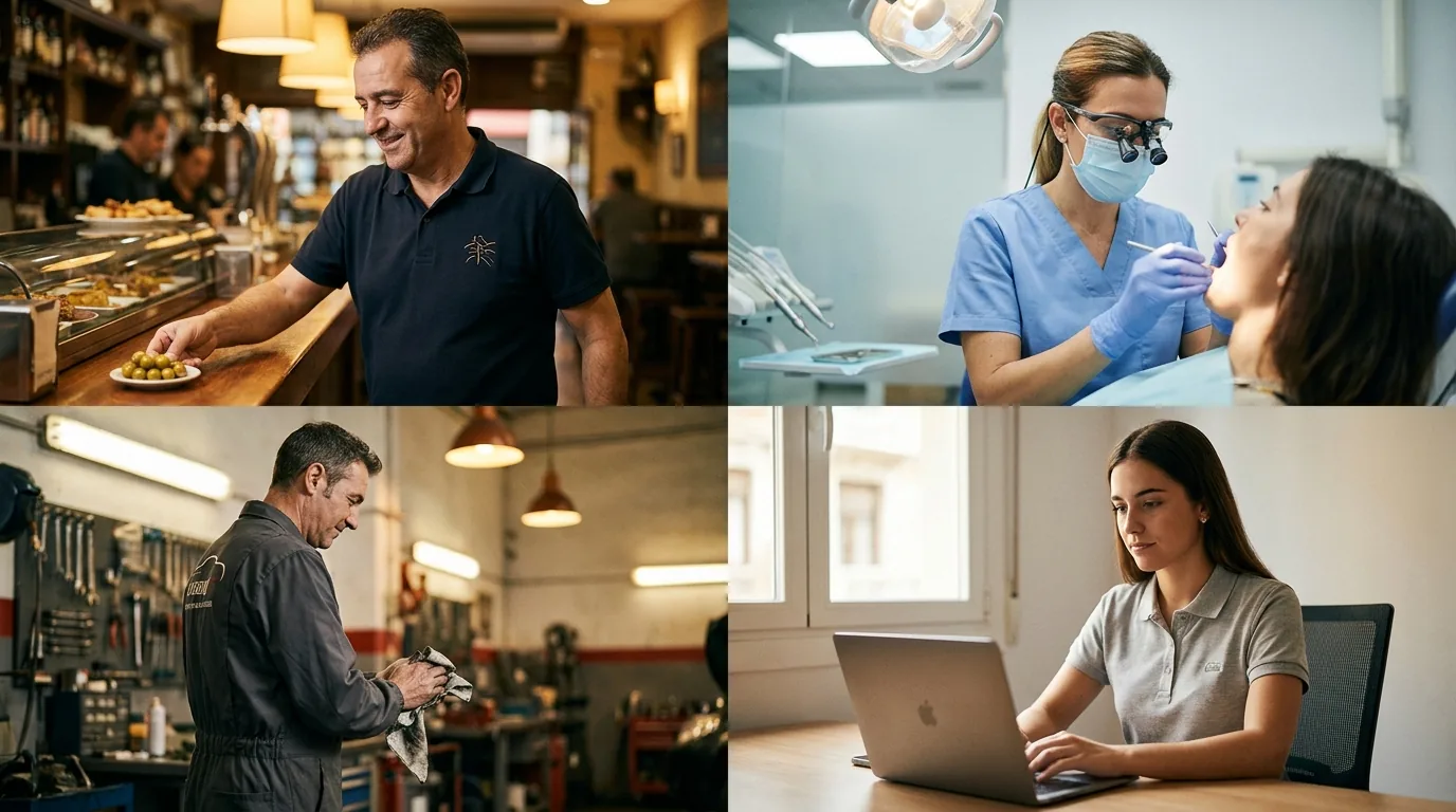Collage profesional de cuatro sectores con uniformes diferenciados: hostelería, sanidad, mecánica y oficina