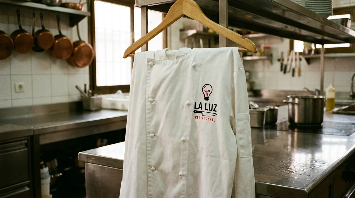 Chaqueta cocinero blanca con logo DTF del restaurante en pecho izquierdo sobre mostrador de acero inoxidable en cocina profesional