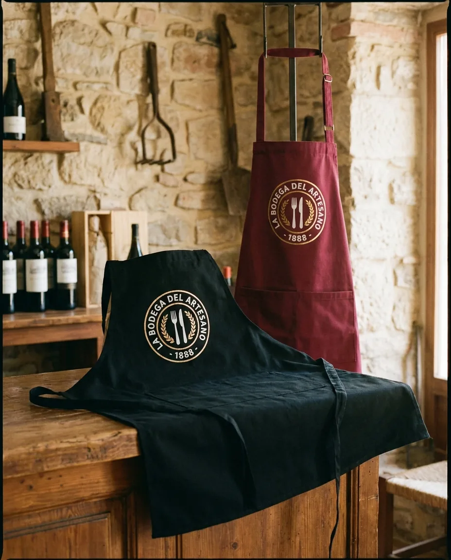 Delantal francés tipo peto de color oscuro con transfer DTF en pecho sobre mostrador de madera de restaurante