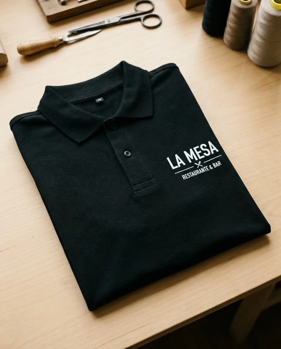 Polo de servicio negro con logo DTF en pecho izquierdo doblado profesionalmente sobre mesa de madera