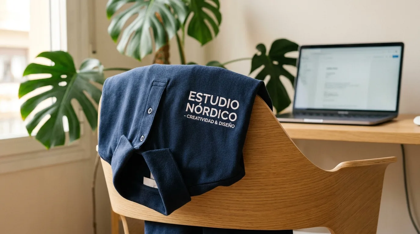 Polo de oficina azul marino con bordado de logo en pecho izquierdo sobre silla de escritorio de madera clara, ambiente de oficina moderna