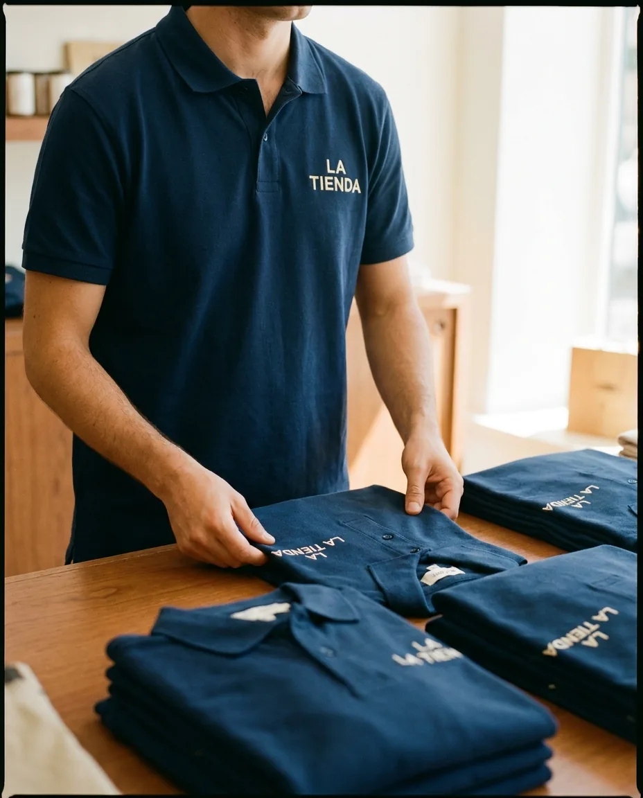 Empleado de retail sin cara doblando polos con logo bordado sobre mostrador de tienda
