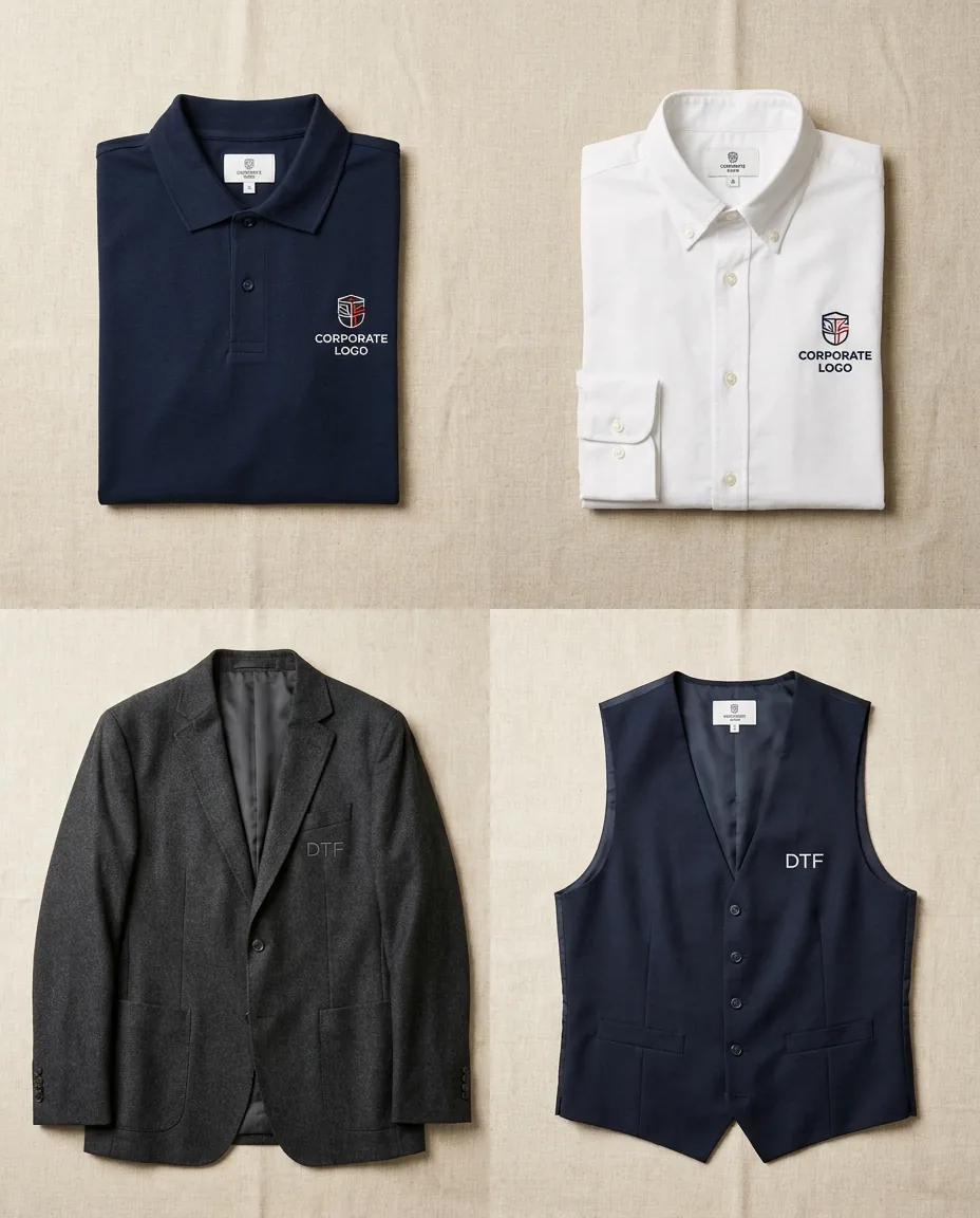 Flatlay de polo, camisa Oxford, americana y chaleco con bordados y DTF cohesivos sobre superficie neutra