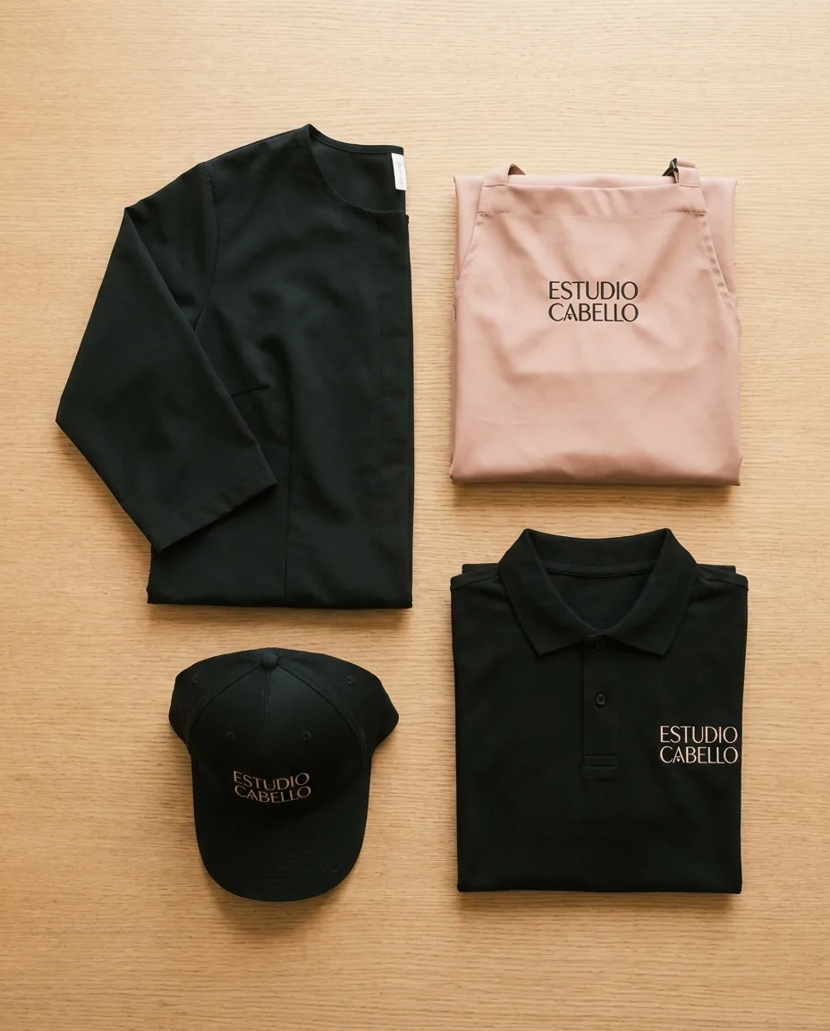 Flatlay con pack de uniforme de peluquería: bata, mandil, polo y gorra en colores corporativos coordinados