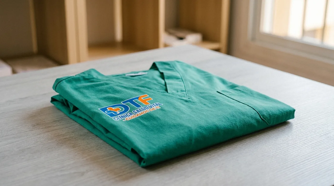 Pijama sanitario verde quirófano con logo de clínica personalizado con DTF en pecho izquierdo, doblado sobre superficie clínica