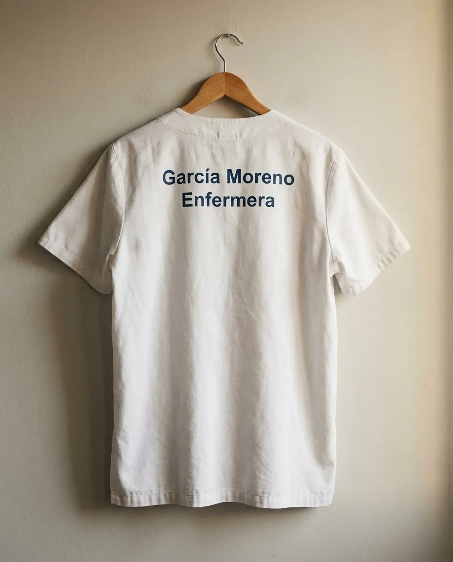 Casaca sanitaria blanca con nombre de profesional personalizado con DTF en la espalda, sobre fondo neutro de estudio