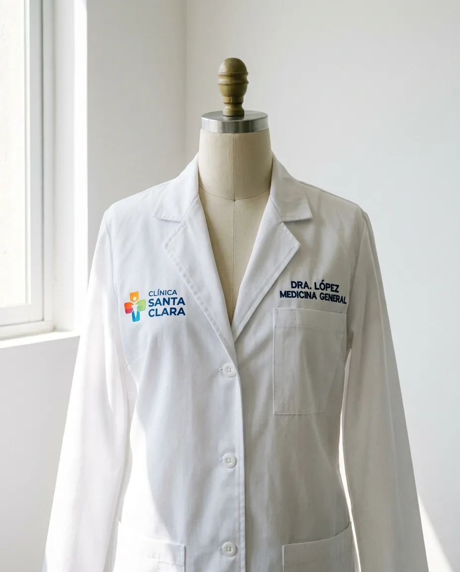 Bata blanca facultativa con logo DTF en pecho izquierdo y bordado de nombre en pecho derecho, sobre maniquí o doblada