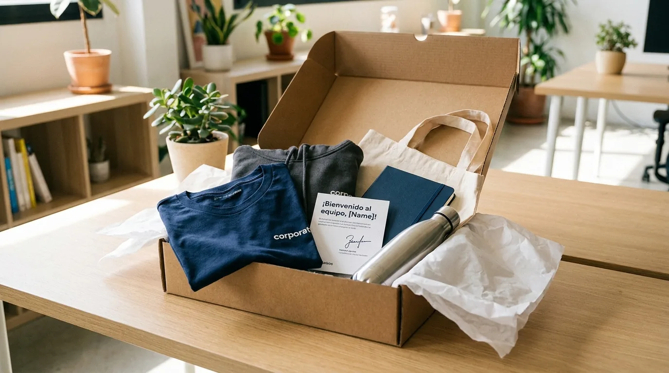Welcome pack de empleado desempaquetado elegantemente sobre escritorio de oficina: camiseta, sudadera, tote bag, cuaderno, botella de acero y tarjeta de bienvenida sobre papel de seda
