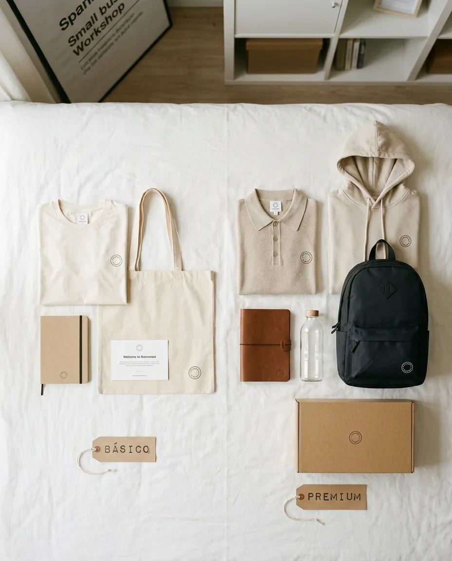 Comparativa de welcome pack básico y premium en flatlay — kit bienvenida empleado empresa 2026